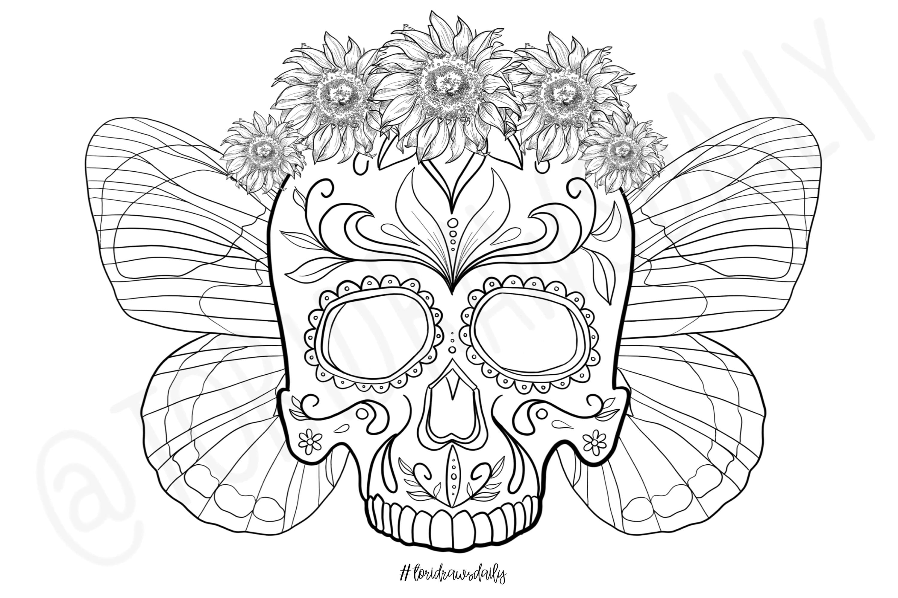 Skull Flower Crown with Butterfly Wings COLORING PAGE