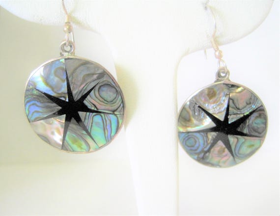 Abalone Alpaca Earrings, Mexico Alpaca, Abalone Inlaid, Onyx Design , Pierced Dangle Earrings