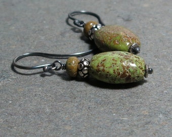 Gaspeite Earrings Olive Green Oxidized Sterling Silver Gemstone Dangle