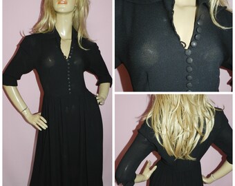 Vintage 40s Black Wide collar GOVERNESS Day dress 12 M 1940s Wartime WW2 Secretary Evening