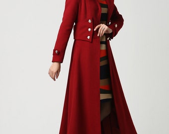 Womens Coat, Long Red coat, hooded coat, Wool Coat, Military coat, long coat, dress coat, winter coat, Available in Black and Blue (1107)