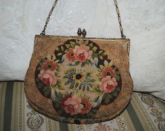 Antique French Purse Pink roses & Ribbons Silk Embroidery