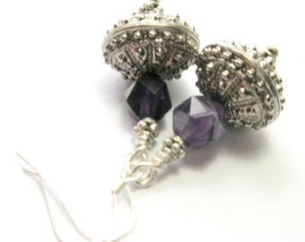 Amethyst/Bali Bead Drop Earrings - Sterling Silver Ear Wires - Handmade Earrings