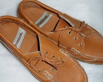 VINTAGE légèrement usée Mens' MacGregor mocassins en cuir ou Tan bateau des chaussures/Mens du pont pour hommes/chaussures lacets mocassins/Mens' mocassins/caoutchouc anti dérapant