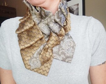 Gold necktie necklace, women's necktie scarf, silk tie cowl, necktie jewelry, repurposed necktie, tie in disguise, ladies necktie, necktie