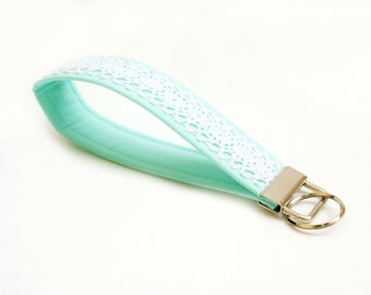 Mint and Lace Key Fob - 5 Inch Loop - Key Strap - Key Wristlet - Key Ring - Mint Key Chain - Fabric Keychain - Wrist Lanyard - Lace Fob