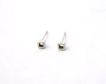 3.5mm Sterling Silver Open Square Studs, square stud earrings, Modern Square Stud Earrings, 3d jewelry 0160