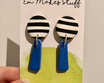 Stripe and cerulean blue dangle earrings
