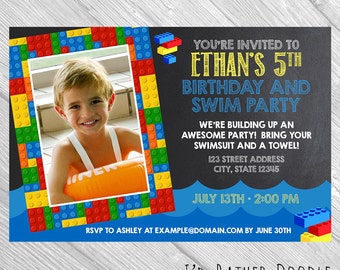 Custom Birthday Pool Party Invitation Bricks - Chalkboard Birthday Invite Printable / Boy Birthday / Girl Birthday / Bricks Birthday