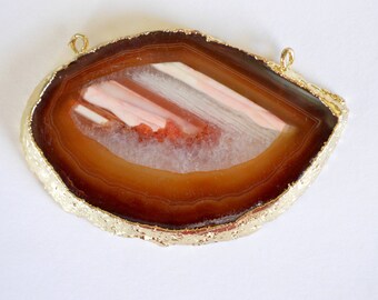 Gold Edged Agate Pendant Connector, 24K Gold, Gold Electroplate, Agate Slice Pendant, Agate Geode Slice, Caramel Brown Agate Slice