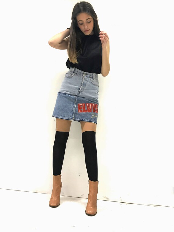 ELVIS Embroidery LOLA DARLING Denim Skirt Mini Pencil Vintage Recycled Levi's Jeans Customized Swarovski Strass Unique Limited Edition