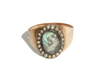 Georgian Mourning Ring - Lady Playing A Lyre - Pearl Halo