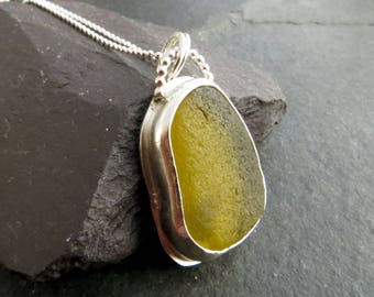Yellow Seaglass Pendant, Seaham Seaglass Necklace, Olive Sea Glass, Heart Cut Out Pendant, Seaglass Jewellery, Uk Sellers Only