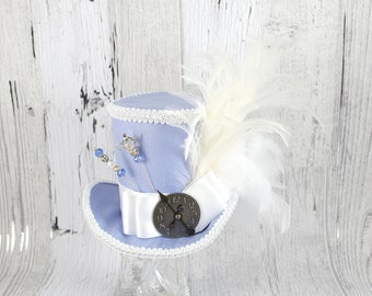 Light Blue and White Steampunk Empress Collection Large Mini Top Hat Fascinator, Alice in Wonderland, Mad Hatter Tea Party, Derby Hat