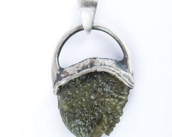 Organic green moldavite sterling silver pendant, handmade