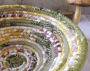 Mossy Green, Gold and Plum Coiled Fabric Basket - Catchall for Your Keys, Change, Handmade by Me