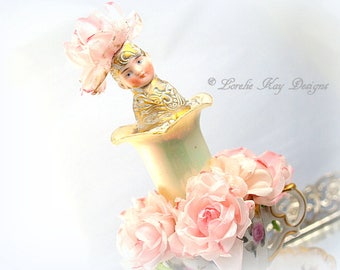 Rose Assemblage Tea Cup Art Doll Sculpture Romantic Art Doll Shabby Pink Roses Lorelie Kay Original