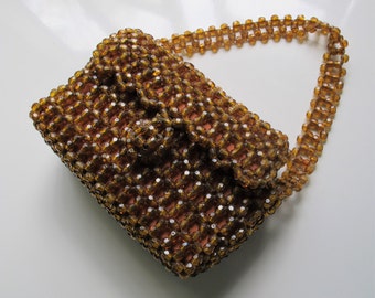 BAG Genuine 1960's Vintage Amber Plastic Beads Box HANDBAG Top handle Beaded Retro MOD Purse Pocketbook