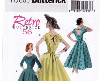 Retro 1956 FF Butterick 5605 Dress Reissued Sewing Pattern, Misses Full Skirt Dress Open Back in 3 Options, Size 8-14, Bust 31 1/2-36, UNCUT