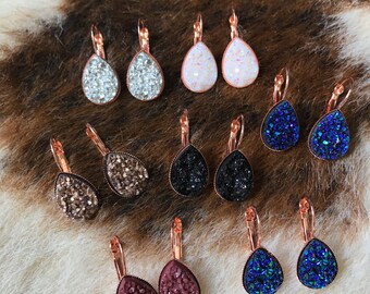 Rose gold teardrop druzy earrings, rose gold druzy, druzy earrings, white druzy tear drop, White drop earrings