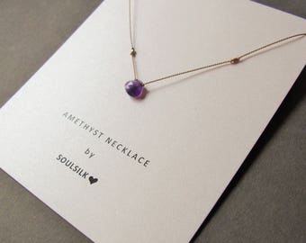 AMETHYST and fine SILVER nuggets necklace on a thin silk cord February birthstone woman's gift card