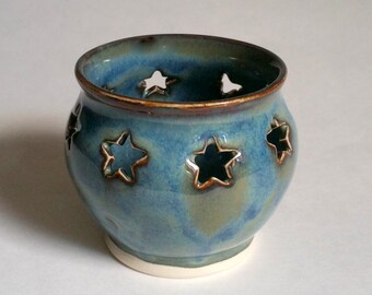 Blue Votive Candle Holder or Luminary with Star Cut-outs - Wheel Thrown Pottery