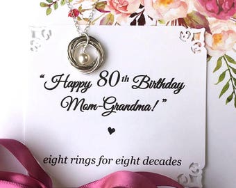 80th BIRTHDAY Gift for Mom Grandma Birthday Necklace for Grandma Sterling Silver 8 Rings for 8 Decades Connected Rings