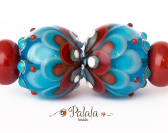 Pair of blue and red Lampwork Glass Beads for earrings