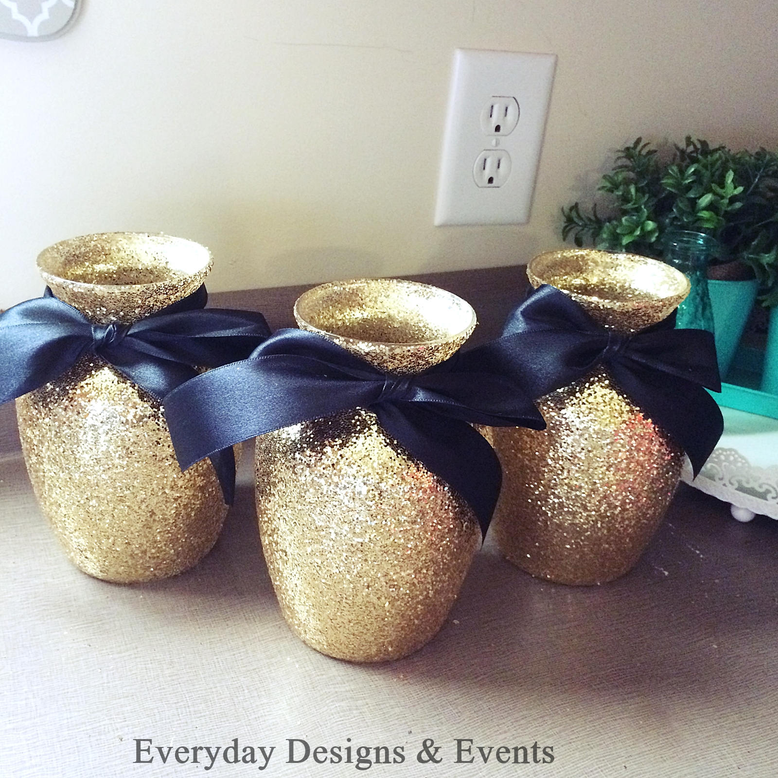 3 Gold and Black Vases Centerpieces Wedding Centerpieces Baby
