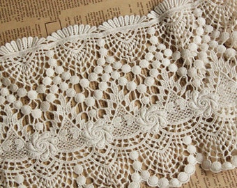 beige Vintage cotton lace trim,cotton skirt edge,Schiffli Lace,machine-made lace,Chemical Lace
