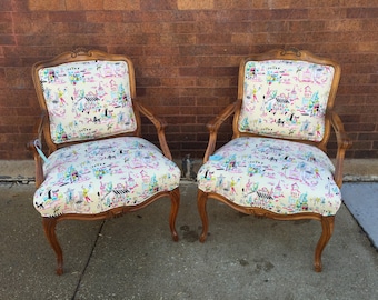 Parisian Print Upholstered Armchairs - A Pair