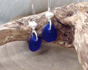 Cobalt blue Scottish sea glass and freshwater pearl earrings with sterling silver