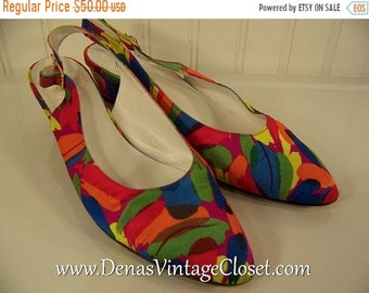 Vintage 80s Bruno Magli Italian Shoes Slings Pumps Multi Colored Heels sz 7 1/2 AA