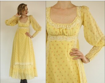 FLASH SALE Vintage 60's Gunne Sax Floral Boho Prairie Lace Preppy Yellow Empire Maxi dress XXS Xs