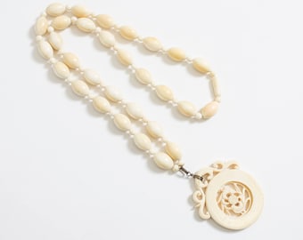 Vintage 1920s Necklace - Carved Celluloid Beaded Faux Ivory Asian Spinning Fish Flapper Jewelry