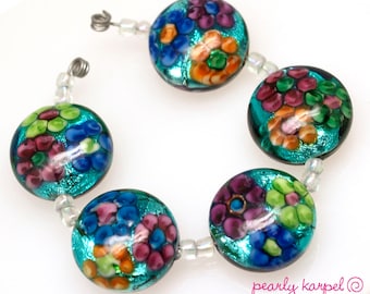 Lampwork glass beads (5) metallic button lampwork beads with colorful flowers SRA Made to order, jewelry supplies, handmade lampwork, beads