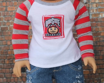 Ohio Baseball Tee | Trendy Football Graphic Long Sleeve Fitted RAGLAN TEE for 18 Inch Doll American Made