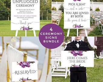 Unplugged Ceremony Sign, Pick A Seat Not A Side Sign, Reserved Sign, Here Comes the Bride Sign, Purple PRINTABLE Ceremony Wedding Signs