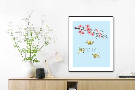 Watercolor Origami Crane Print Fine Art Print Cherry Blossom