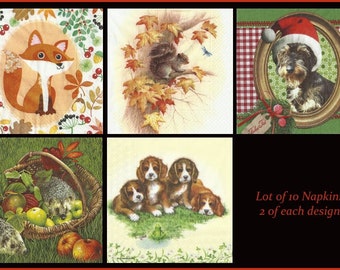 Paper Napkins Animals, Lot of 10 Napkins craft package, decoupage paper, tissue paper