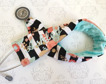 Embroidered Stethoscope Cover - Stethoscope Accessory, RN, Nurse, Doctor, Medical Assistant, Nurse Gift - Striped Flowers with Aqua