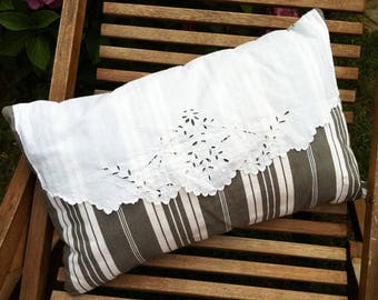 Gray striped ticking and embroidery pillow