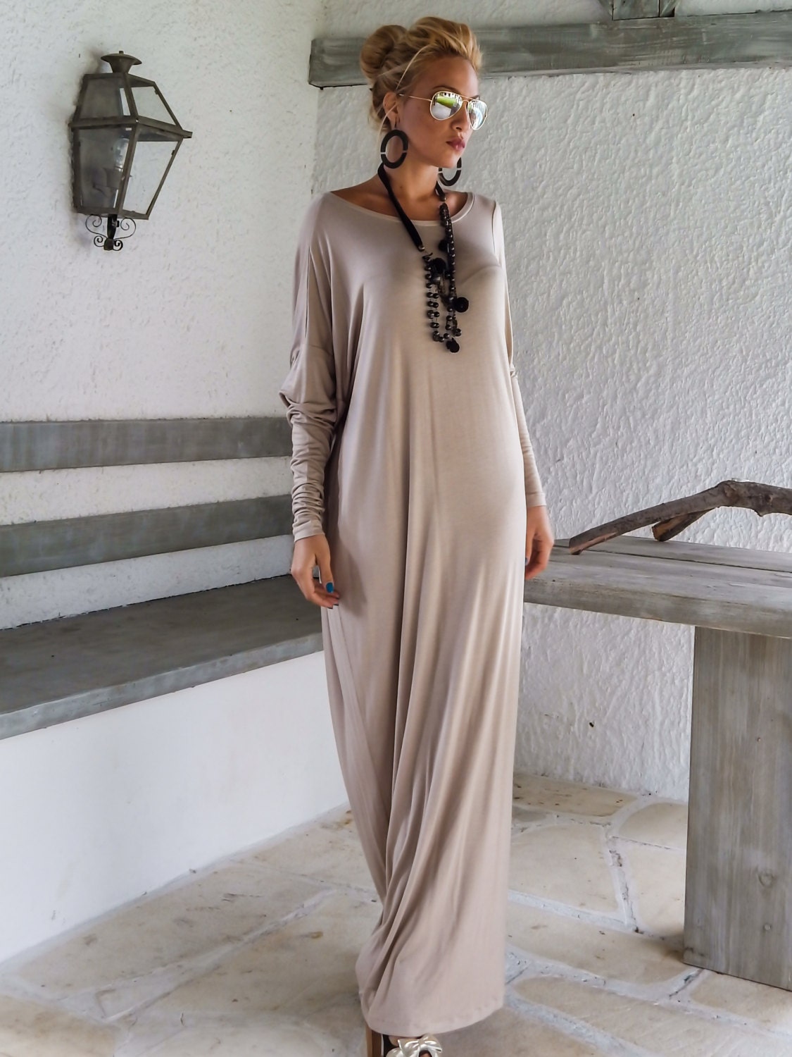 Beige Maxi Long Sleeve Dress / Beige Kaftan / Asymmetric Plus