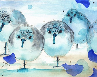 Original Watercolor Print of Sanderlings on Shore, Bird Art, Large Bird Print