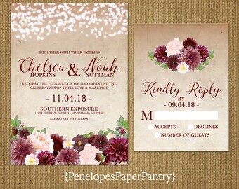 Elegant Rustic Fall Wedding Invitation,Bugundy,Marsala,Blush,Fairy Lights,Parchment,Rustic,Romantic,Custom,Printed Invitation,Wedding Set