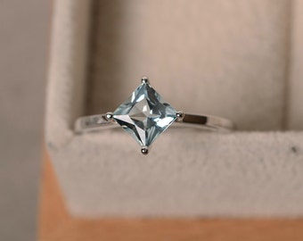 Aquamarine ring, princess cut, square, sterling silver, March birthstone