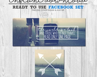 ready to use facebook timeline cover image set, travel quote facebook timeline, instant download premade social media graphics, pre-made fb