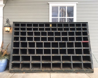 LARGE Antique Hardware Store Unit, Apothecary Cabinet, Wood Wall Cubby Shelf, 82 Cubbies, Over 10 FT Long