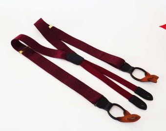 Vintage TAPESTRY SUSPENDERS - Woven Burgundy by Cole Haan / Brass Accents & Leather Button Holders and Made in the USA / Gift for Men Women