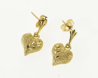 14k Textured Diamond Cut High Relief Heart Dangle Earrings Gold